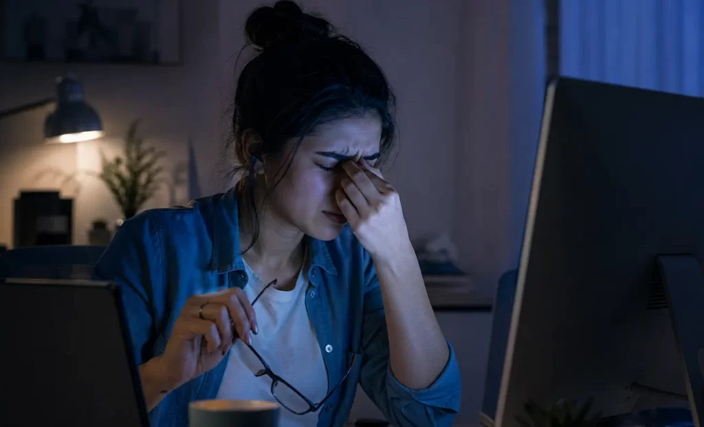 Een vermoeide vrouw wrijft in haar ogen na langdurig werken achter een computerscherm.