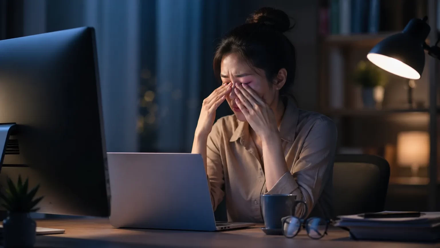 Een persoon wrijft vermoeid in de ogen na lang werken achter een laptop en monitor in een donkere werkruimte.