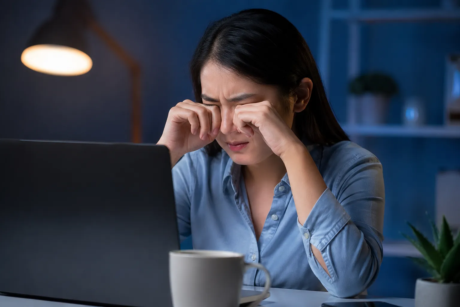 Een vrouw wrijft vermoeide ogen tijdens het werken achter haar laptop in de avond.