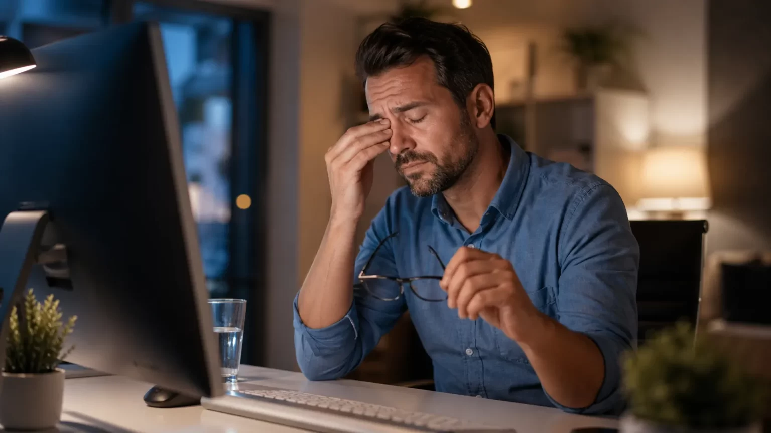 Een vermoeide man wrijft in zijn ogen na lang werken achter een computer, met een glas water en zachte verlichting op het bureau.