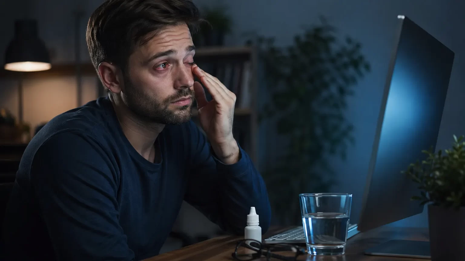 Vermoeide man met rode, geïrriteerde ogen achter een computerscherm, met oogdruppels en water op het bureau.