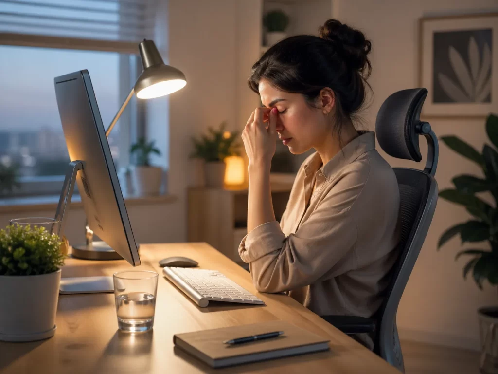 Een rustige werkplek waar langdurig schermgebruik leidt tot zware, vermoeide ogen. Warm licht, water en een ergonomische houding benadrukken slimme schermgewoontes.