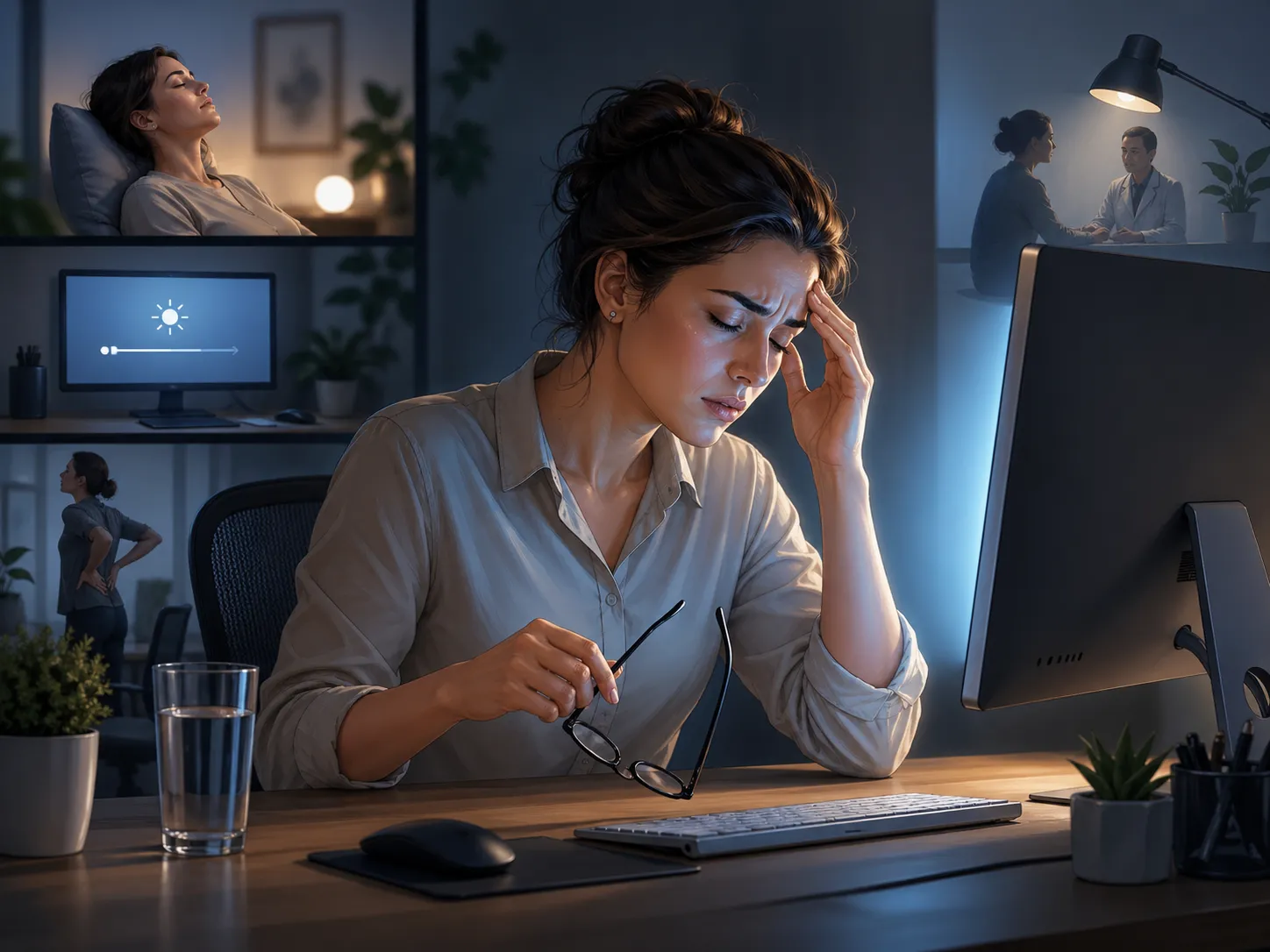 Een vermoeide vrouw achter haar computer met hoofdpijn, omringd door subtiele tips zoals pauzes, water drinken, houding verbeteren en medische hulp zoeken.