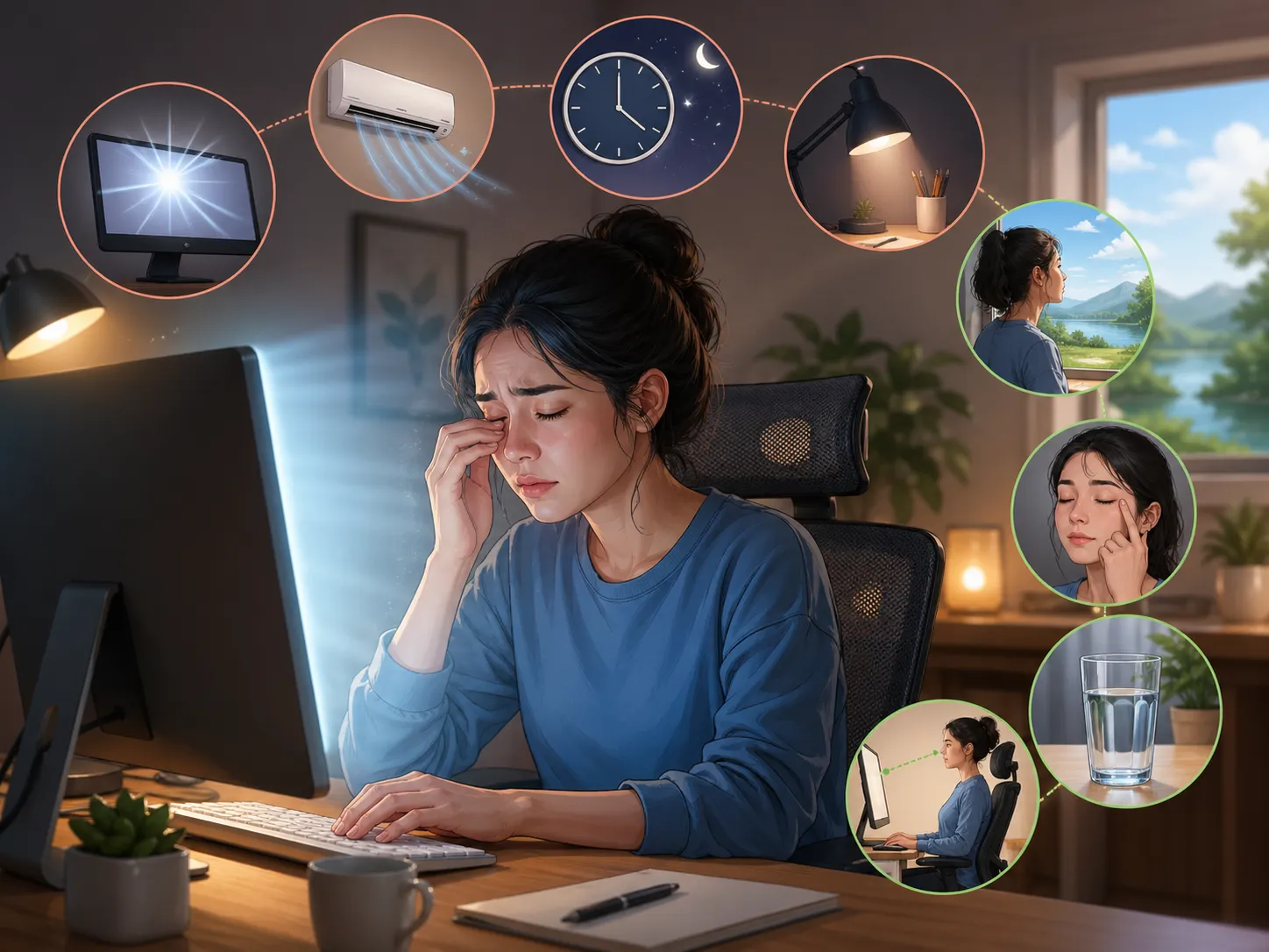 Een illustratie over vermoeide en prikkende ogen door langdurig schermgebruik, met oorzaken zoals fel licht en droge lucht, plus eenvoudige preventietips zoals pauzes, hydratatie en goede houding.