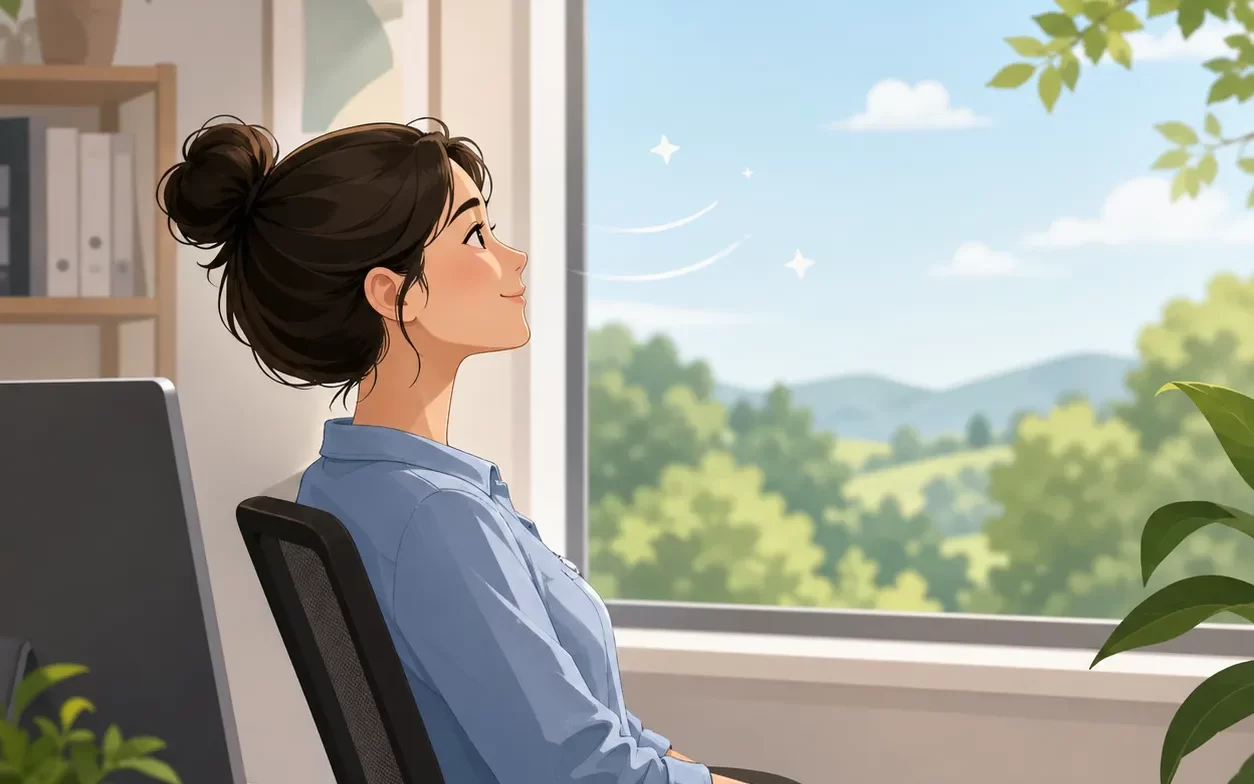 Een ontspannen schermpauze waarbij iemand wegkijkt van de computer om de ogen rust te geven.