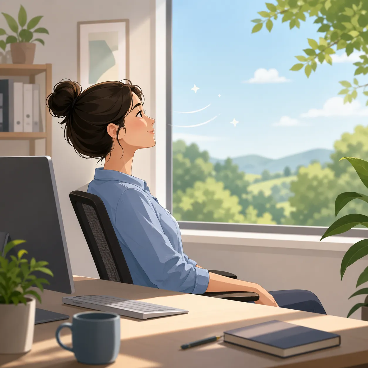 Een ontspannen schermpauze waarbij iemand wegkijkt van de computer om de ogen rust te geven.