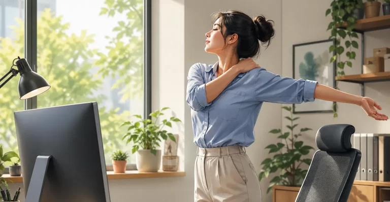 Een ontspannen werkpauze waarin lichaam en ogen tot rust komen bij natuurlijk licht.