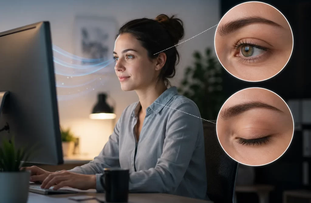 Een vrouw werkt aan een computer terwijl close-ups van open en gesloten ogen het belang van regelmatig knipperen tonen.