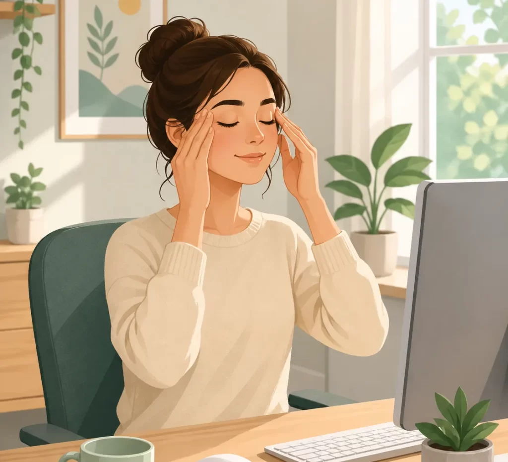 Een kalme illustratie van een vrouw die tijdens beeldschermwerk haar ogen ontspant met eenvoudige oogoefeningen.