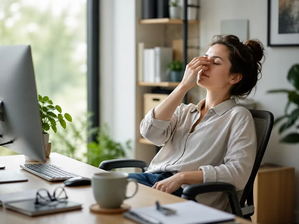 Een rustige werkplek waar iemand haar ogen ontspant na een lange dag achter de computer.