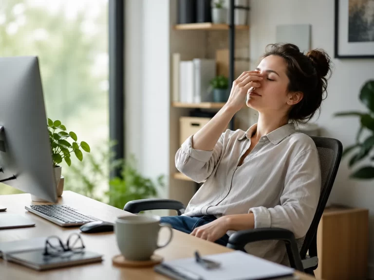 Een rustige werkplek waar iemand haar ogen ontspant na een lange dag achter de computer.