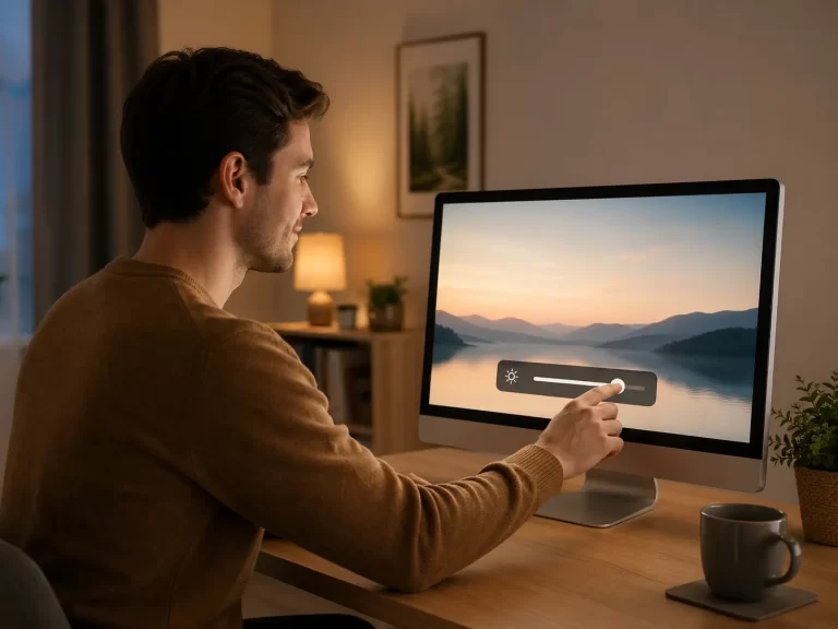 Een rustige werkplek waar de schermhelderheid zacht is afgestemd voor ontspannen ogen.