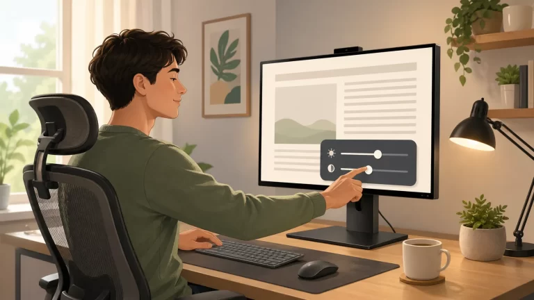 Een rustige werkplek waar het beeldschermcontrast wordt aangepast voor zachter licht, beter leescomfort en minder vermoeide ogen.