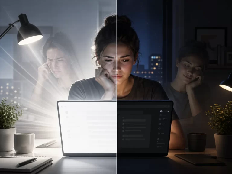 Een visuele vergelijking tussen fel schermlicht en donkere modus, met aandacht voor rust, oogcomfort en persoonlijke voorkeur.