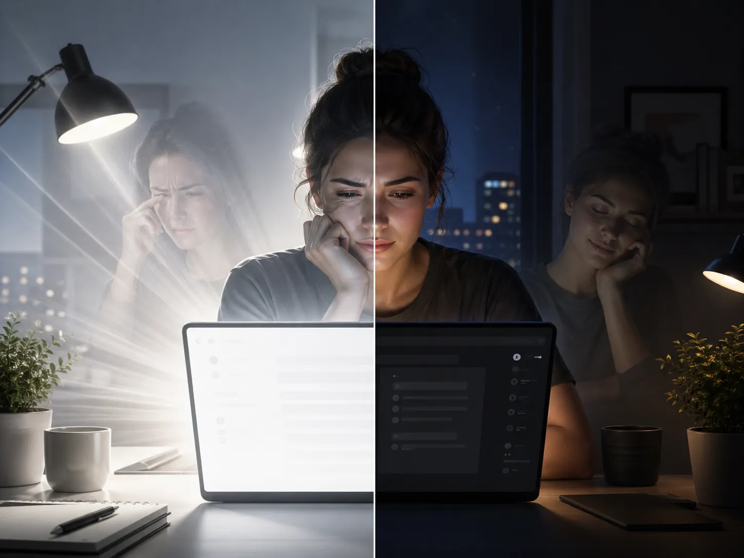 Een visuele vergelijking tussen fel schermlicht en donkere modus, met aandacht voor rust, oogcomfort en persoonlijke voorkeur.