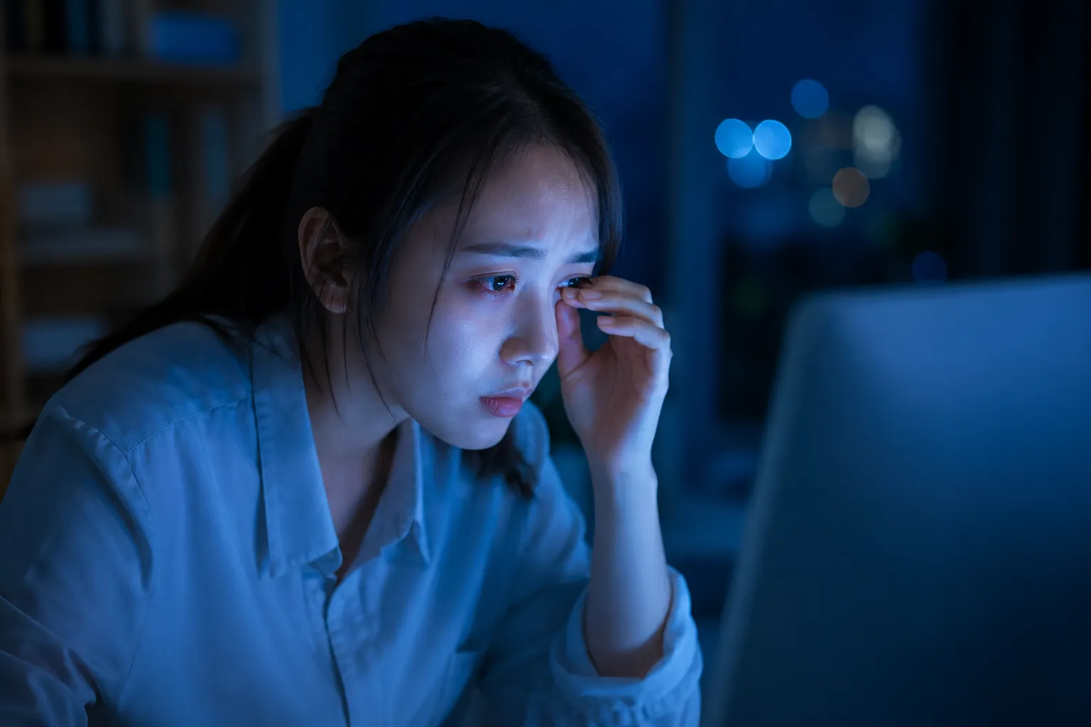 Een persoon achter een scherm met focus op oogvermoeidheid door langdurig schermgebruik.