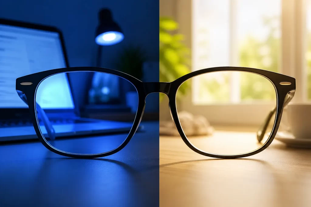 Een bril tussen blauw schermlicht en warm daglicht, als symbool voor wanneer een blauwlichtbril wel of geen nut heeft.