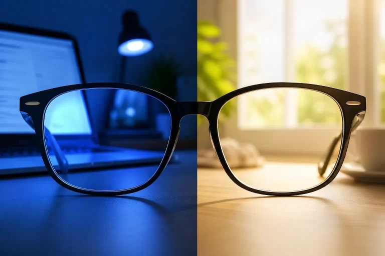 Een bril tussen blauw schermlicht en warm daglicht, als symbool voor wanneer een blauwlichtbril wel of geen nut heeft.