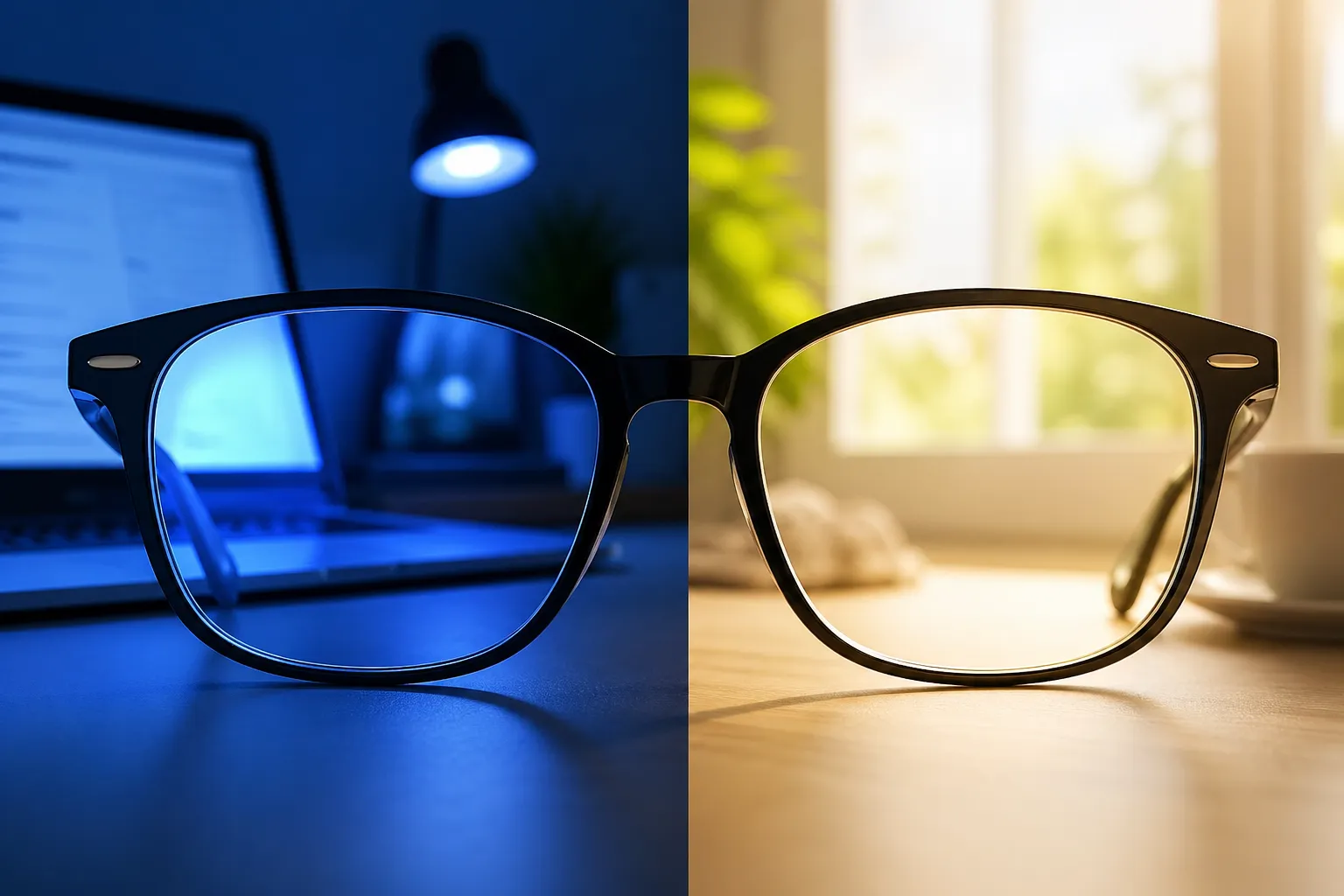 Een bril tussen blauw schermlicht en warm daglicht, als symbool voor wanneer een blauwlichtbril wel of geen nut heeft.