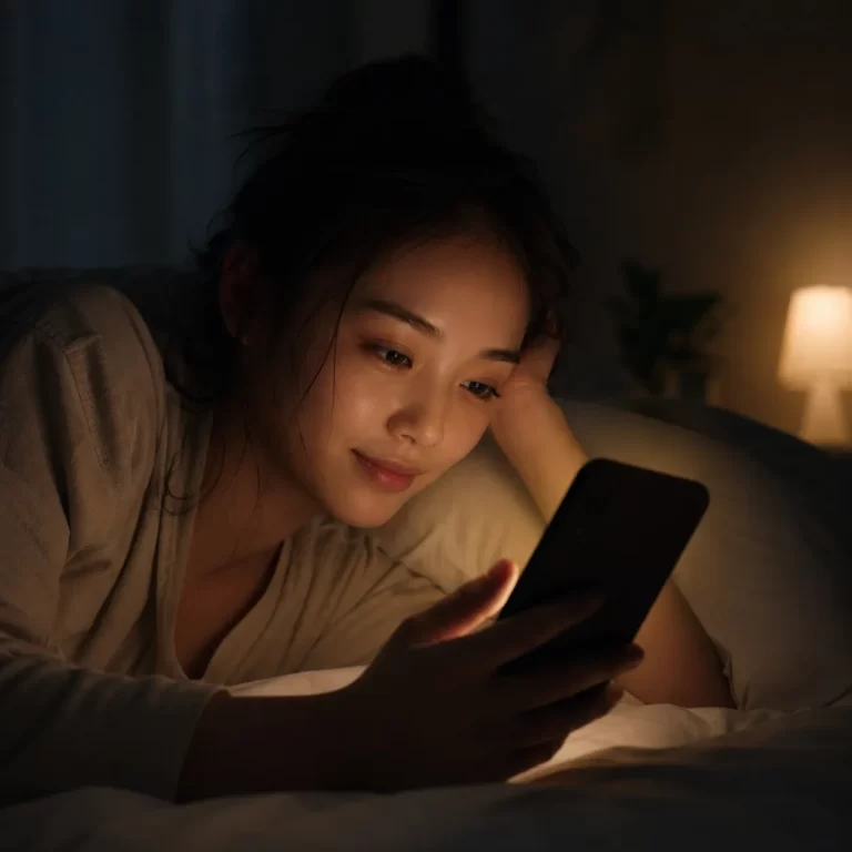 Een warme telefoongloed in een donkere slaapkamer laat zien hoe nachtmodus zachter kan zijn voor de ogen.