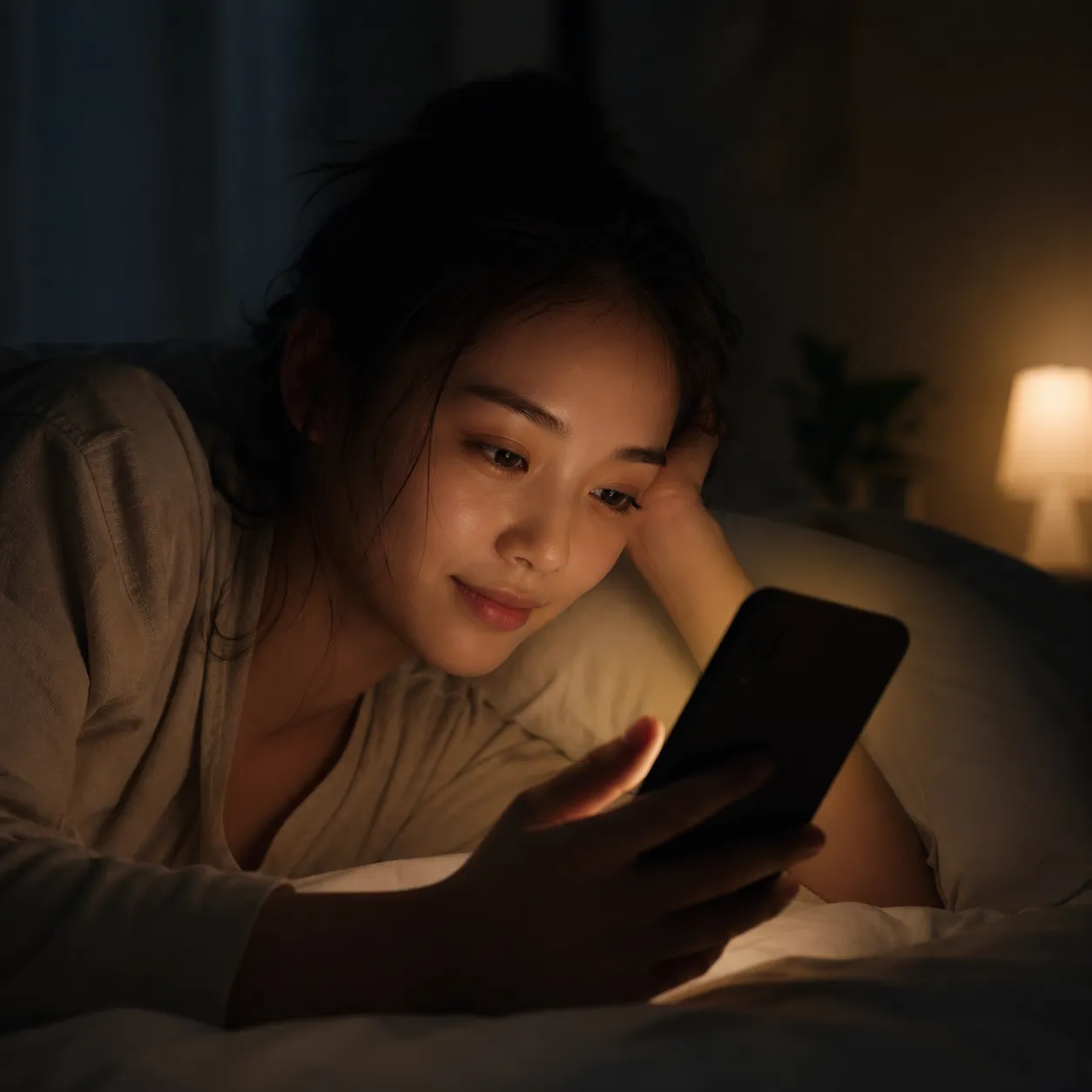 Een warme telefoongloed in een donkere slaapkamer laat zien hoe nachtmodus zachter kan zijn voor de ogen.