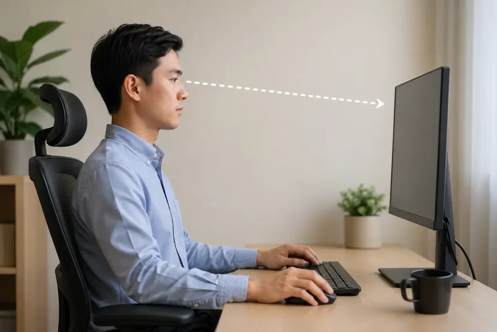 Een man zit ergonomisch aan zijn bureau en kijkt op comfortabele afstand naar zijn computerscherm.