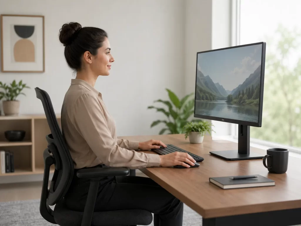 Een ergonomische werkplek met het beeldscherm op ooghoogte om spanning in ogen, nek en schouders te verminderen.