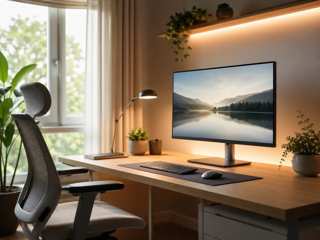 Een rustige thuiswerkplek met gebalanceerd daglicht, warme indirecte verlichting en een comfortabele schermopstelling voor minder oogbelasting.