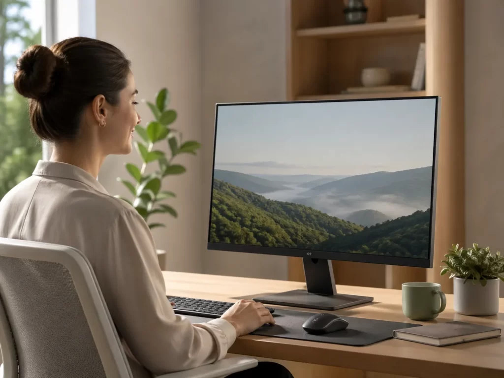 Een comfortabele werkplek met zacht licht en een helder beeldscherm zonder storende spiegeling.