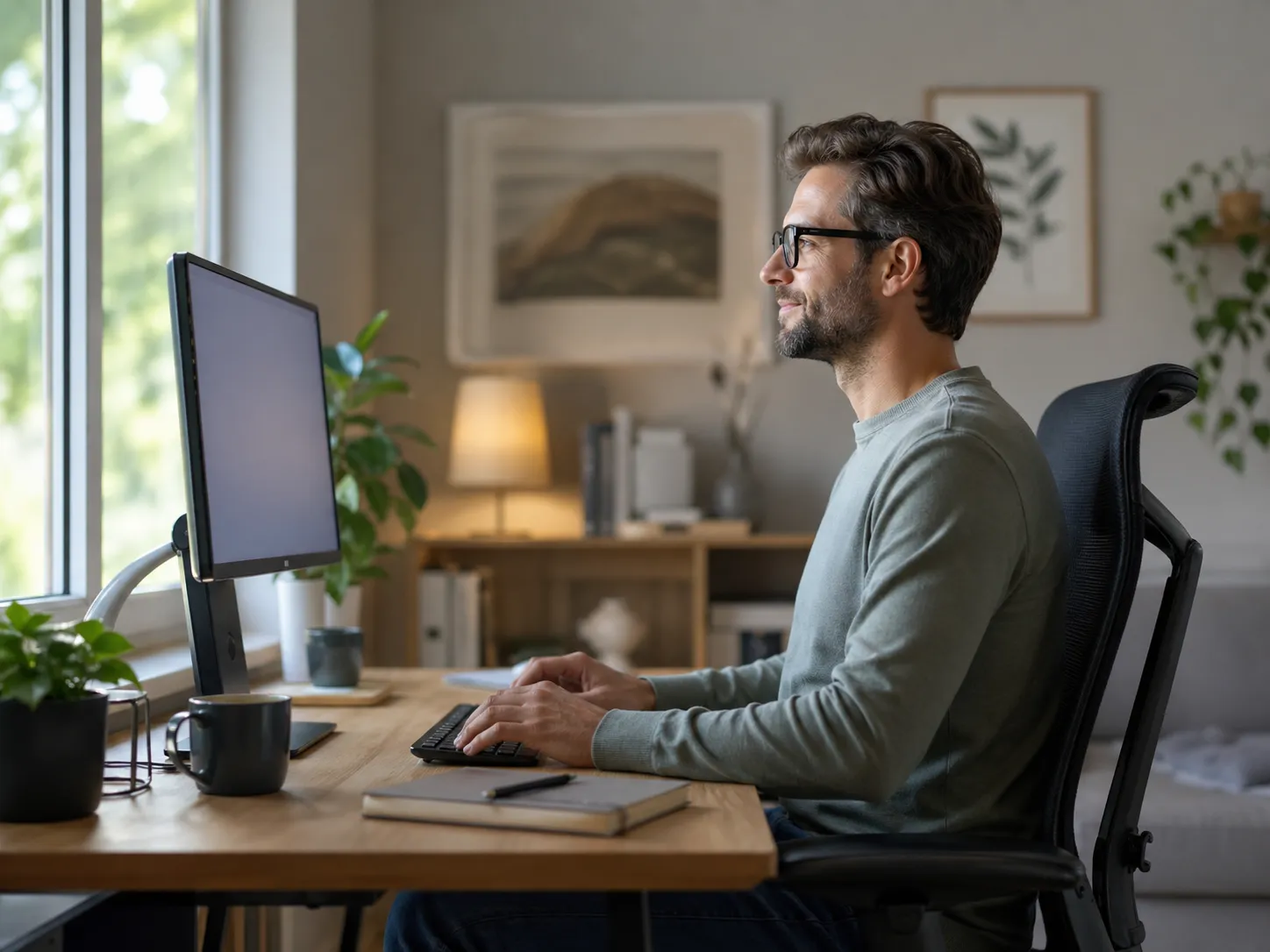 Een rustige thuiswerkplek met natuurlijk licht, een goed geplaatst scherm en een ontspannen werkhouding voor meer comfort tijdens beeldschermwerk.