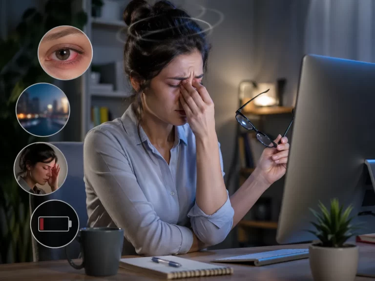 Een vermoeide vrouw wrijft in haar ogen na lang werken achter de computer, met signalen van rode ogen, wazig zicht, hoofdpijn en uitputting.