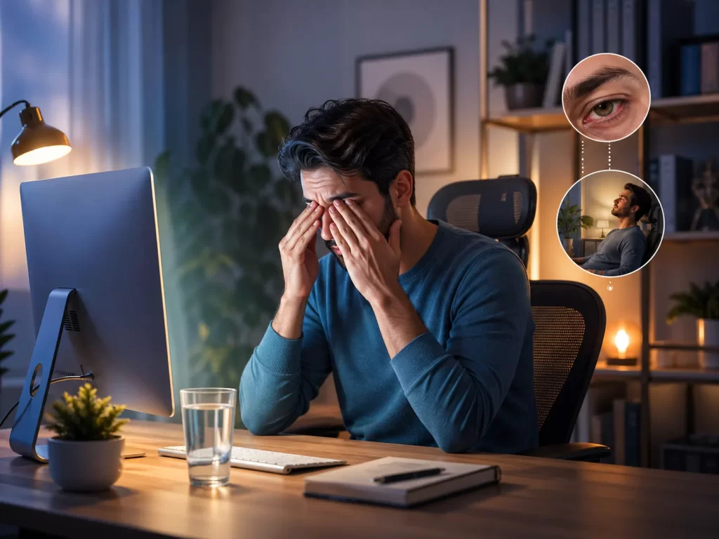 Een man wrijft vermoeide ogen na lang werken achter een computerscherm in een sfeervolle thuiswerkplek.