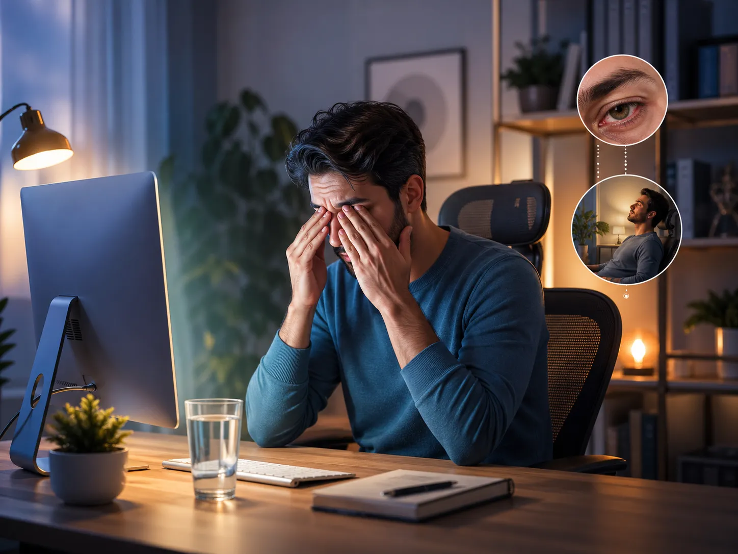 Een man wrijft vermoeide ogen na lang werken achter een computerscherm in een sfeervolle thuiswerkplek.