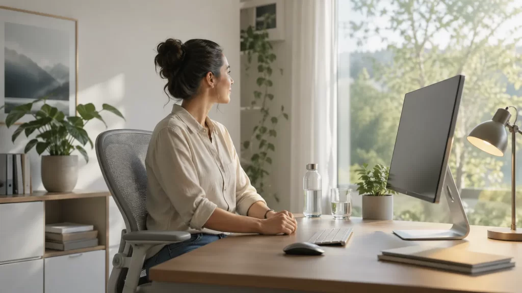 Een rustige werkplek waar iemand even wegkijkt van het scherm om de ogen te ontspannen en oogvermoeidheid te voorkomen.