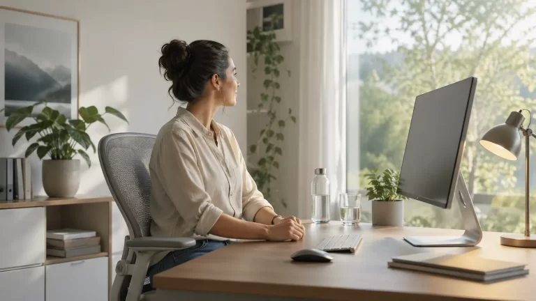 Een rustige werkplek waar iemand even wegkijkt van het scherm om de ogen te ontspannen en oogvermoeidheid te voorkomen.