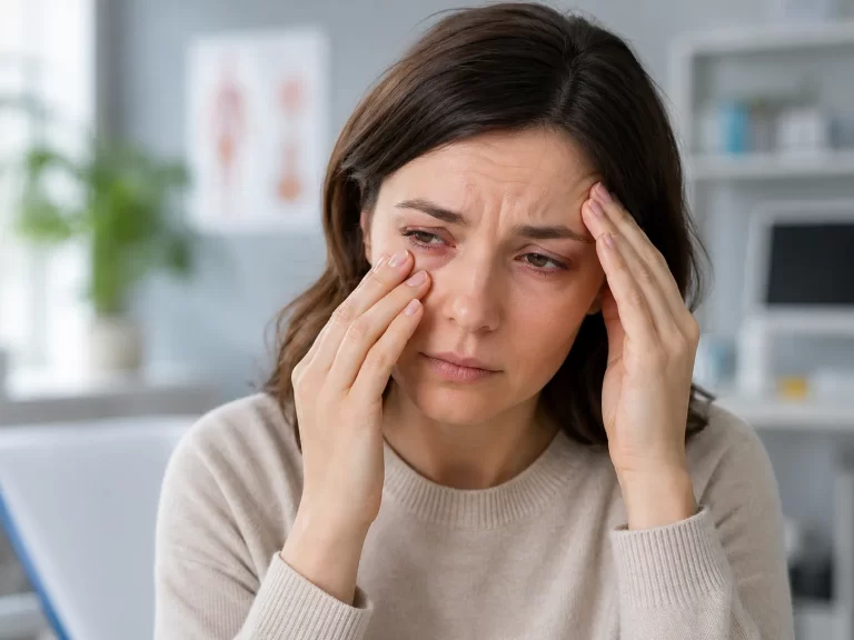 Een vrouw met rode, vermoeide ogen raakt bezorgd haar gezicht aan in een rustige medische omgeving.