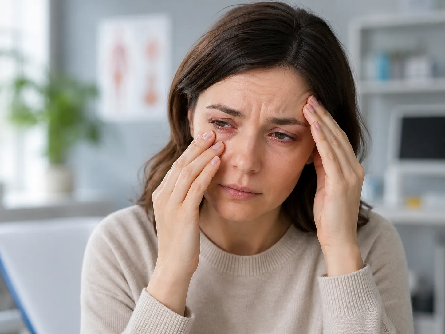 Een vrouw met rode, vermoeide ogen raakt bezorgd haar gezicht aan in een rustige medische omgeving.